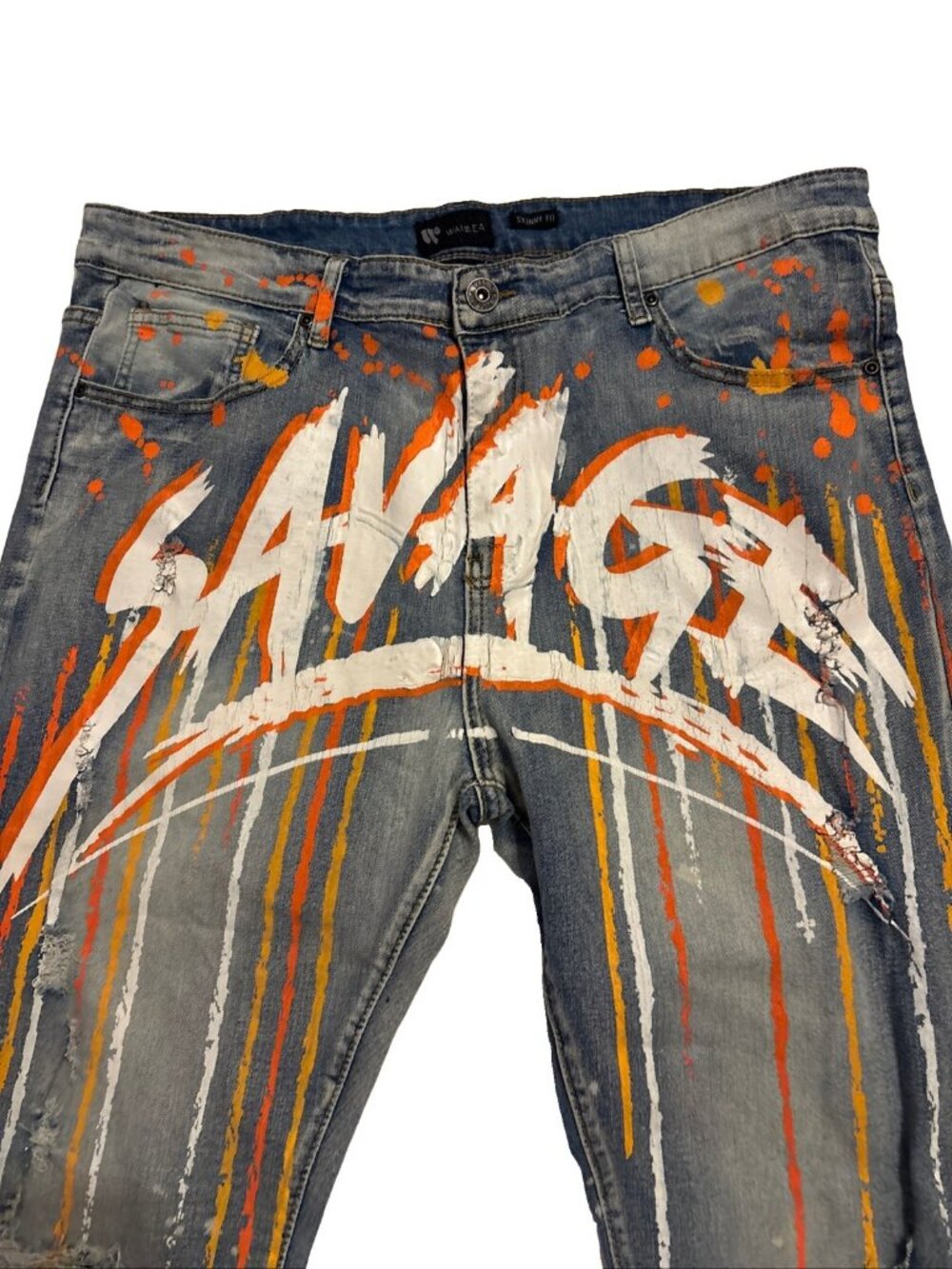 waimea jeans men Size 40 Orange Savage Paint Graphic Design Grunge - Picture 3 of 8